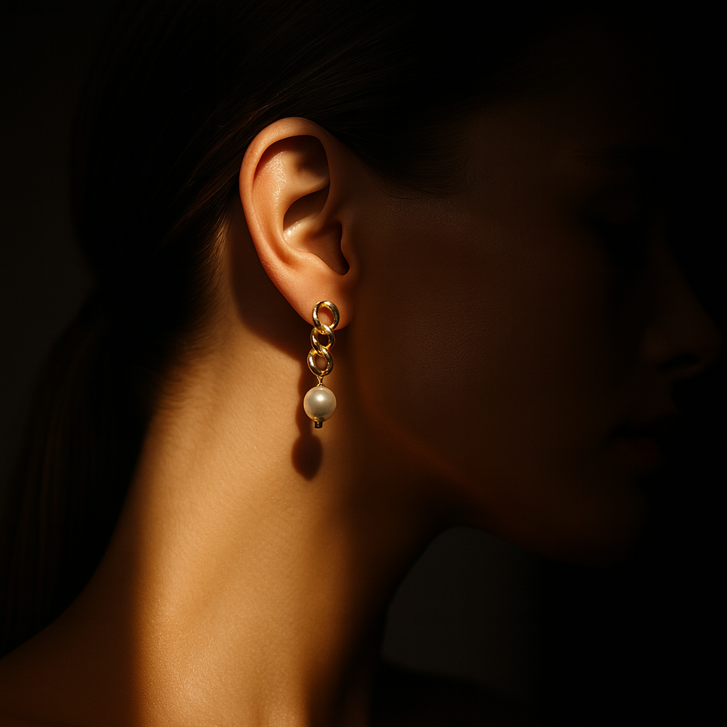 Brincos Dourados Corrente com Pérola