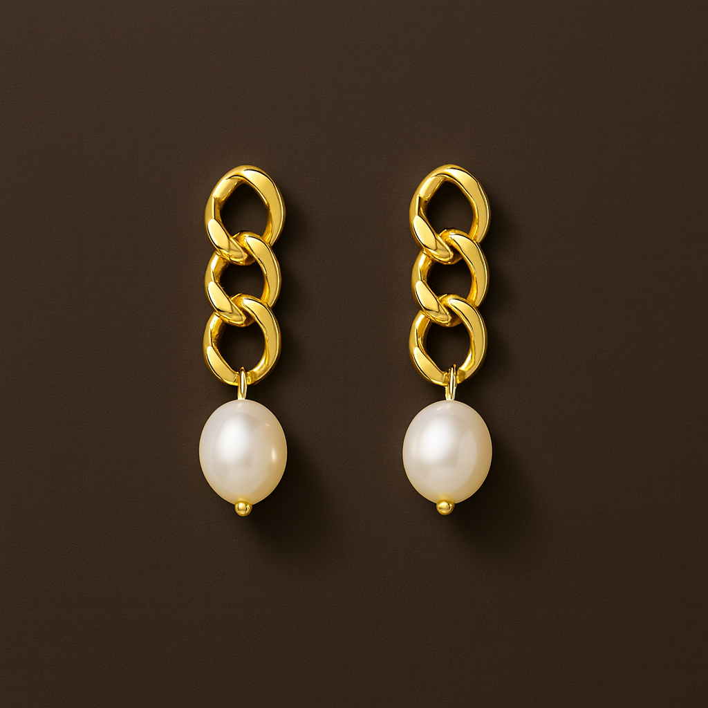 Brincos Dourados Corrente com Pérola