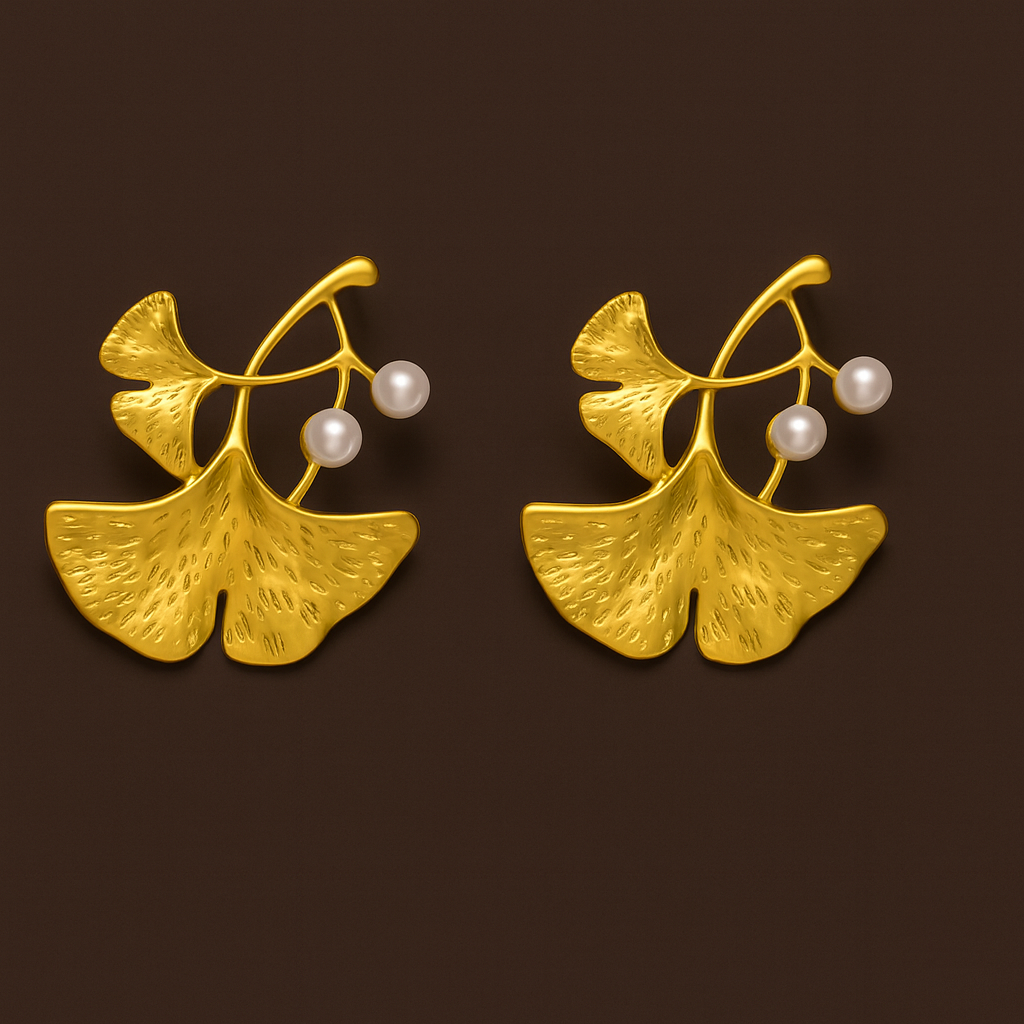 Brincos Folhas Dourados com Duas Pérolas