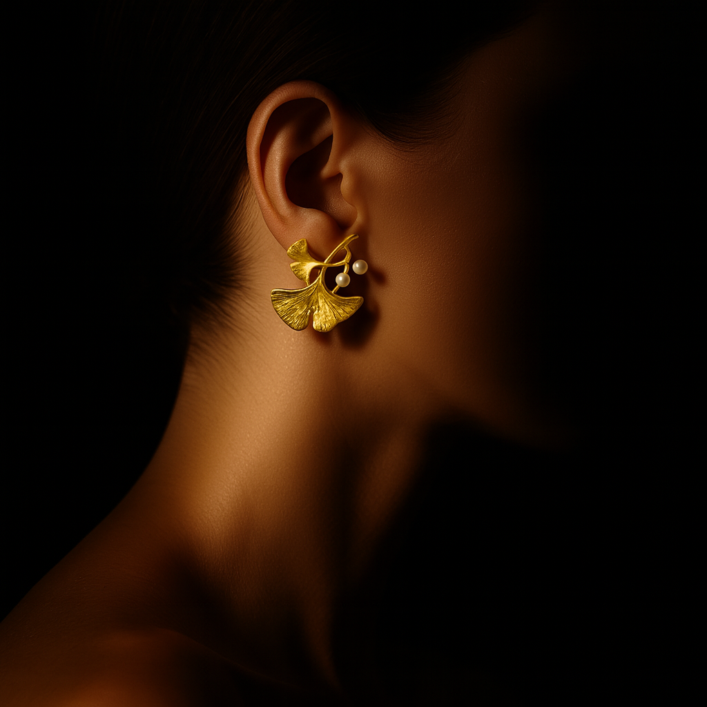 Brincos Folhas Dourados com Duas Pérolas