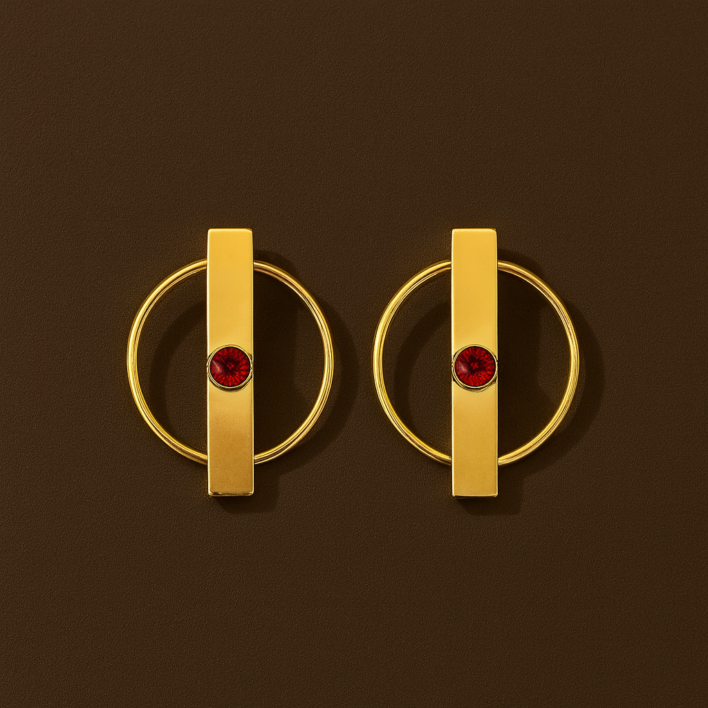 Brincos Círculo Dourados com Barra e Zircónia Vermelha