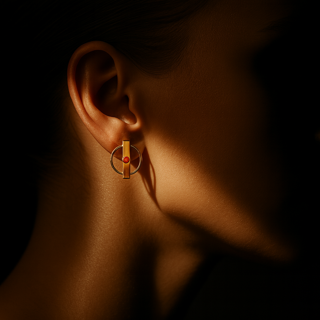 Brincos Círculo Dourados com Barra e Zircónia Vermelha