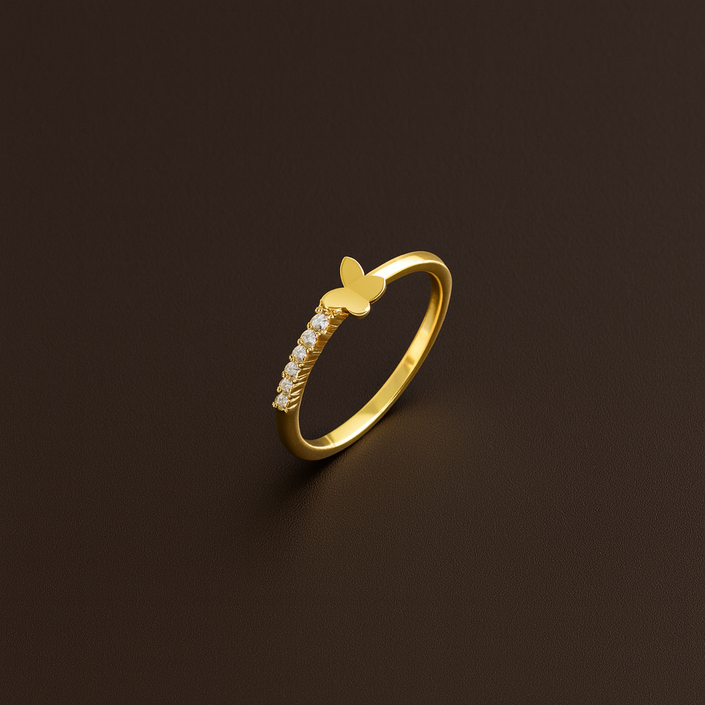 Anel Dourado Borboleta com Zircónias Brancas
