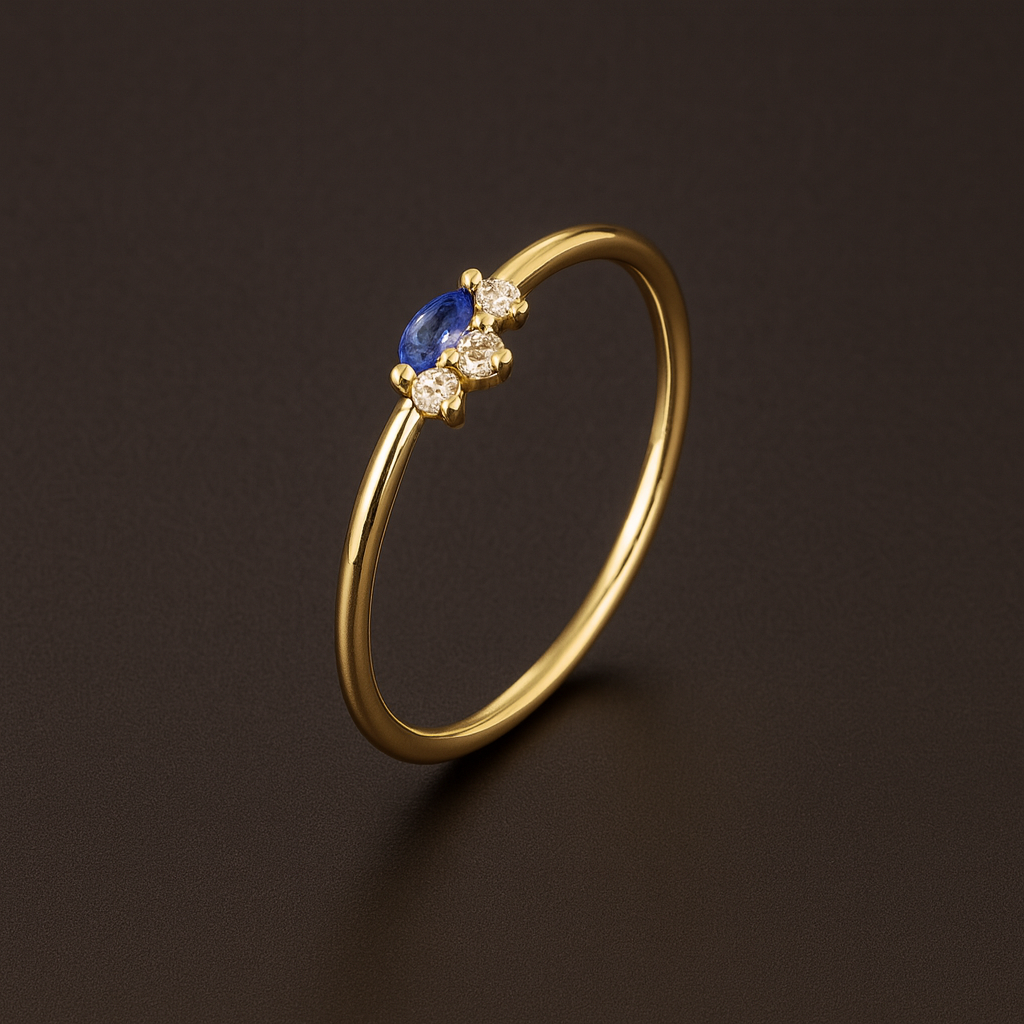 Anel Coroa Dourado com Zircónia Azul