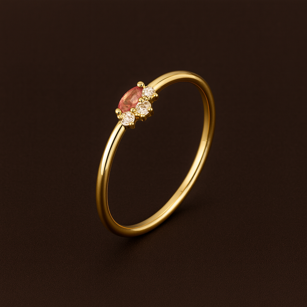 Anel Coroa Dourado com Zircónia Vermelha