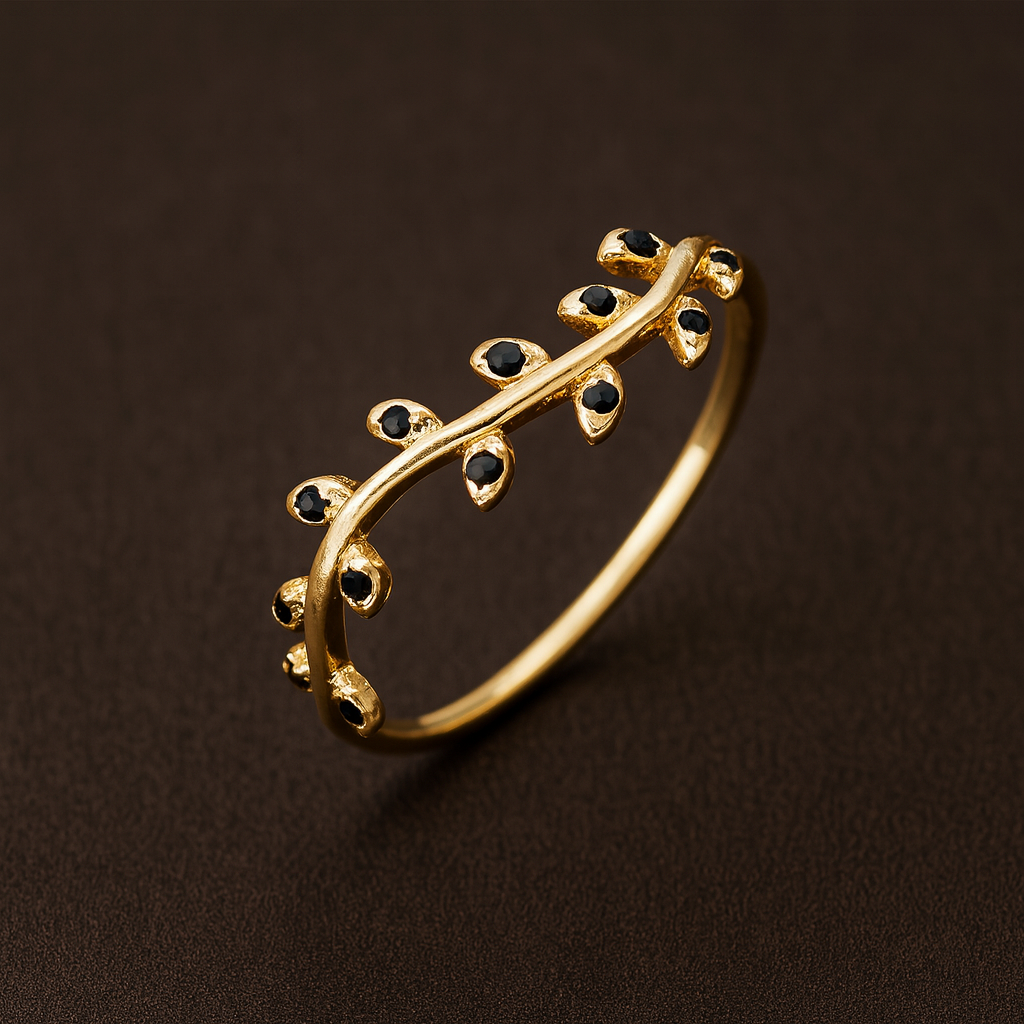 Anel Folhas Dourado com Zircónias Pretas